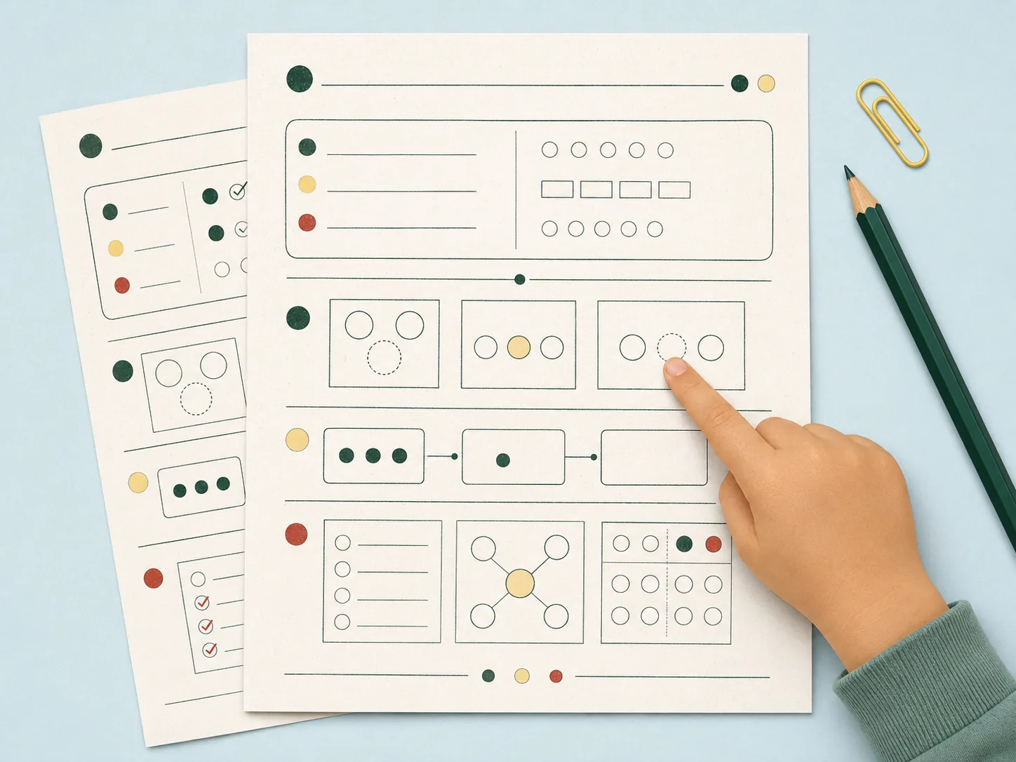 Worksheet na may mga visual na pagsasanay, lapis, paper clip, at kamay ng mag-aaral